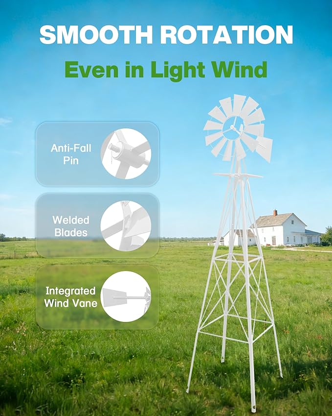 8FT Windmill for Yard Garden Decoration with Weather Vanes，Heavy Duty Outdoor Wind Mills, Large Metal Outdoor Windmill,Weather Resistant,White