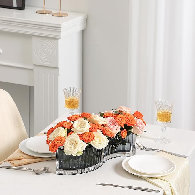 MCMCNCUIU Crystal Vases for Centerpieces, Flower Vases for Wedding Centerpieces, Black Glass Vase for Flowers, Curve Small Vase for Living Room, Bedroom, Kitchen, Dining Table, Set of 2