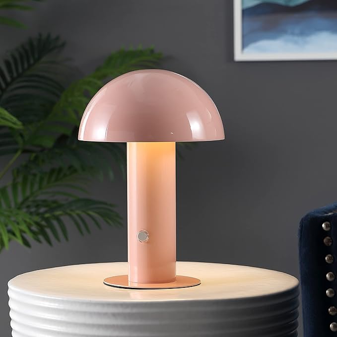 JONATHAN Y JYL7115F Boletus 10.75" Contemporary Bohemian Rechargeable/Cordless Portable Iron Integrated LED Mushroom Table Lamp Modern, Coastal Bedside Desk Nightstand Lamp, Pink