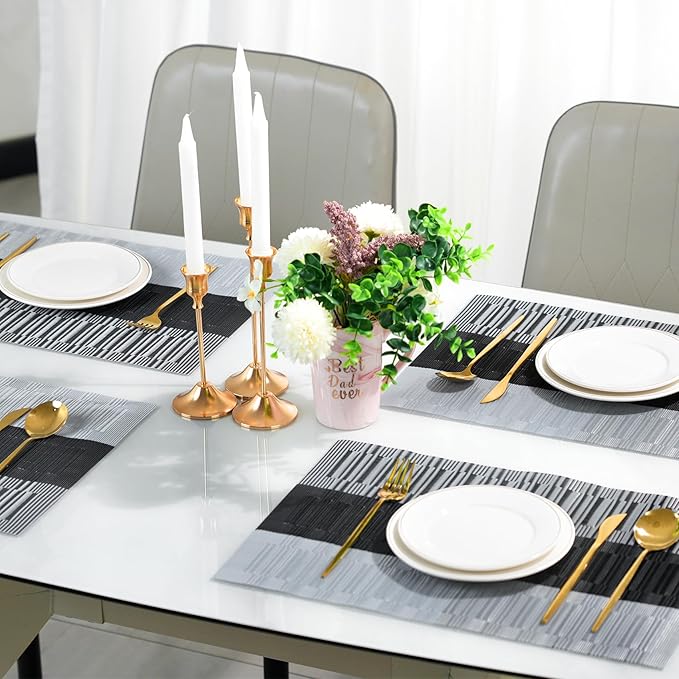 Placemats Set of 12，Non-Slip PVC Weave Table Mats Easy to Clean，Heat Resistant Place Mats for Kitchen Dining Table Decoration Indoor Outdoor，Black Gray