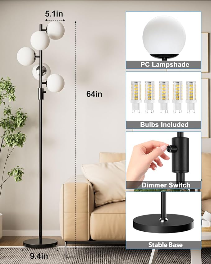 ACOHOOK 64IN Dimmable Black Floor Lamp, Tall Standing Lamps with 5 Globe Soft Warm White Eye Care 3000K G9 Bulbs, Mid Century Modern Floor Lamp for Living Room Bedroom Office