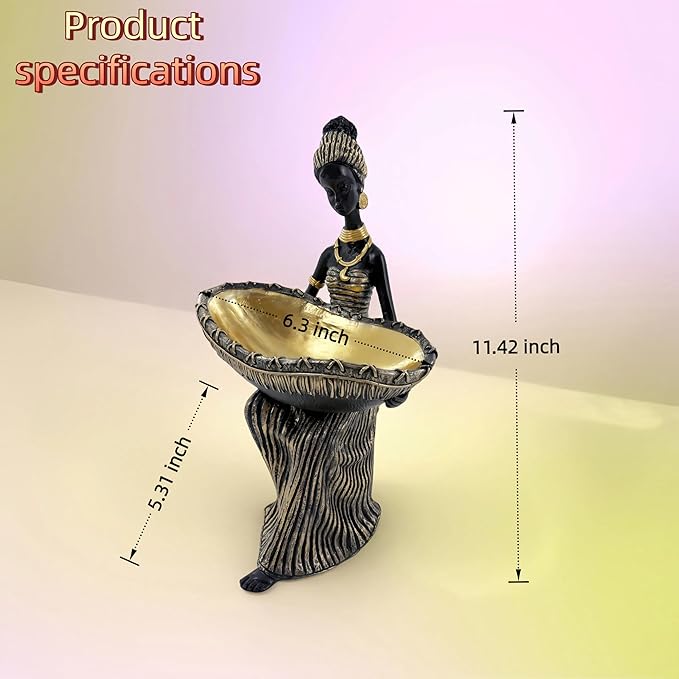 African Woman Statue with Large Decorative Bowl – Resin Figurine, Black and Gold Cultural Sculpture, African Home Decor Centerpiece, Jewelry Trinket Candy Dish