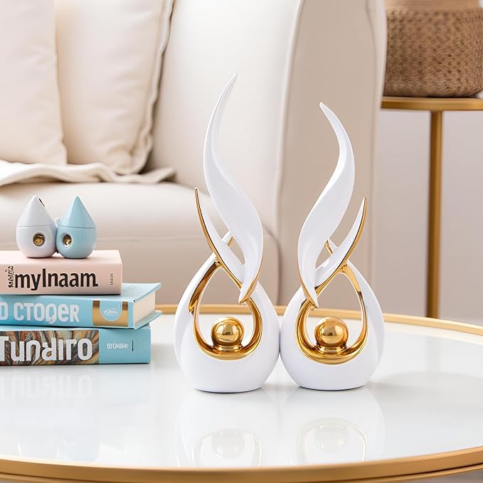 Gold Ceramic Abstract 2 Piece Statue Set,Mid Century Modern Abstract Art Home Decor Statue Mantelpiece on Unique Shelf Decor, TV Cabinet Divider Table top and Dining Table Centerpiece (White Gold)