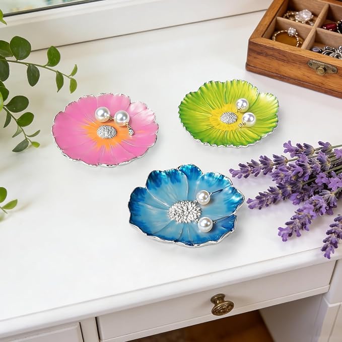 LARAINE Jewelry Dish Display Trinket Tray Flower Home Decorative Organizer Gift Necklace Earring Rings Holder Storage 3.15" (3 Piece Set)