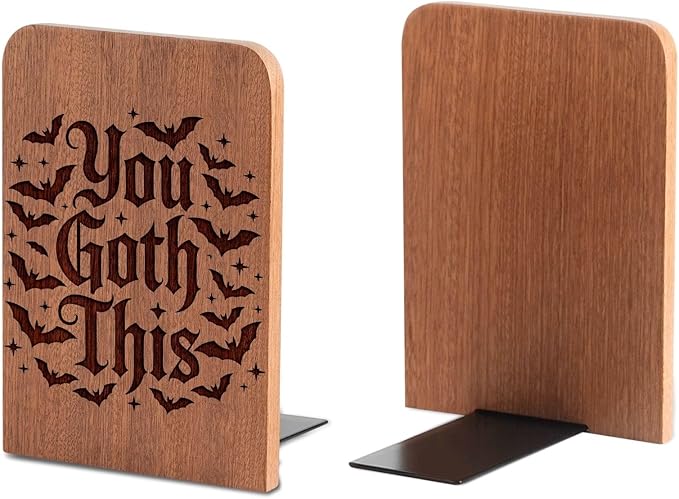 Goth Gifts for Women Men, Gothic Bookends, Heavy Duty Wooden Book Ends for Shelves Decorative(1 Pair, 4.72x6.69 Inches) - Bat