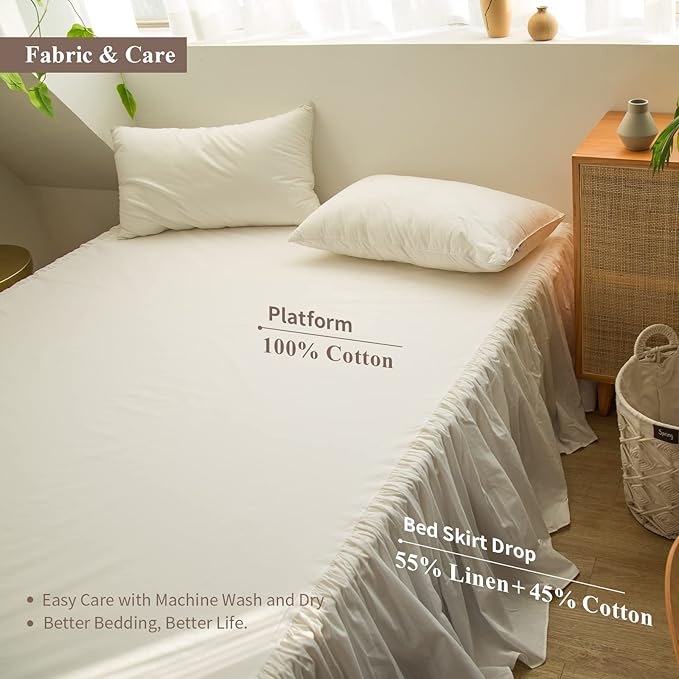 BISELINA French Linen Bed Skirt with Pleated Frills 18-Inch Tailored Drop Natural Flax Cotton Blend Dust Ruffle Soft Cozy Farmhouse Bedding (18" Full, Ruffle White)