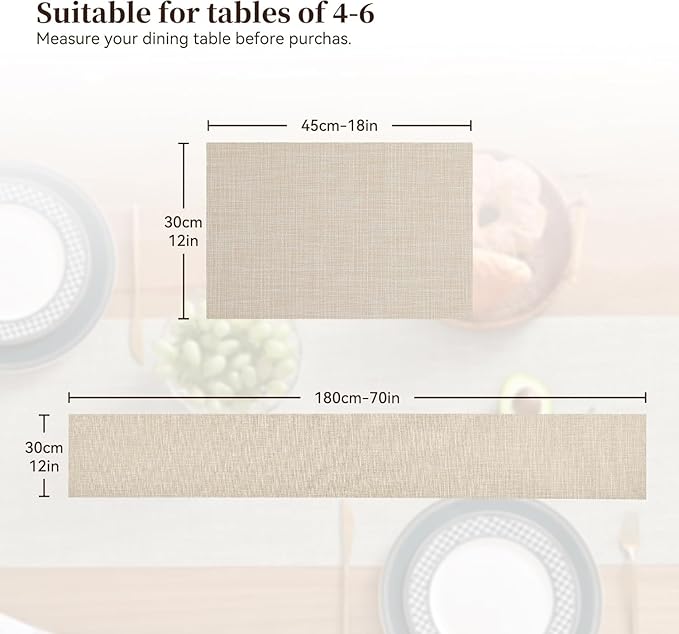 Leetaltree Beige Table Runner and Placemats Set of 7, Heat Resistant Non-Slip Place mats for Dining Table, Washable Durable PVC Vinyl Woven Table Runner Set