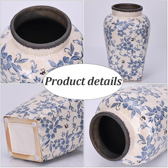 Blue and White Vintage Vase - 9.7 Inchs Chinoiserie Decor Crackle Finish Floral Vase, Rustic Farmhouse Decorative Vases for Table, Living Room, Bathroom, Shelf Decor, Mantel, Centerpieces