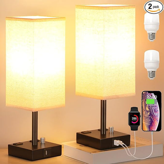 aooshine Fully Dimmable Nightstand Lamps Set of 2 - Table Bedside Lamp with USB C+A Charging Ports & 2 AC Outlets, Square Lamp Sets Linen Fabric Shade for Bedroom Living Room(Bulb Included)