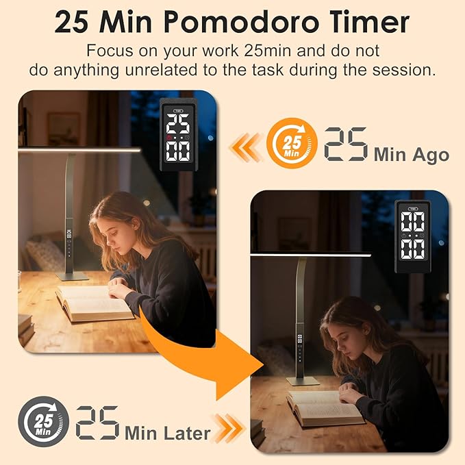 LED Desk Lamp for Office Home: Table Light with Base Pomodoro Timer, Clock LCD Display 5 Color Dimming Bright Lighting Desktop, Adjustable Flexible Gooseneck, Task Lamp for Reading Study Work Drafting