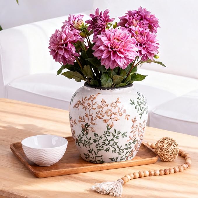 Green and White Vase - 7.1 Inchs Vintage Ceramic Vases for Home Decor, Farmhouse Flower Vase for Living Room and Kitchen, Vintage Pottery Decor for Table Shelf and Mantle, Chinoiserie Decor Vases
