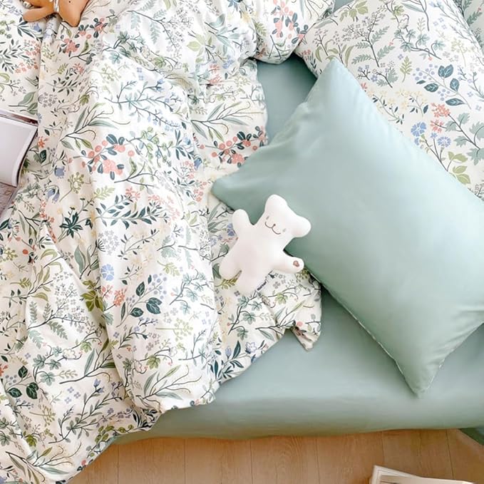 LifeTB Botanical Flower Duvet Cover Twin XL Sage Green Floral Duvet Cover 100% Cotton Wildflower Plants Pattern Floral Comforter Cover with 2 Pillowcases Girl Teen Vintage Floral Bedding Set Twin XL