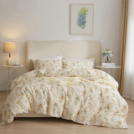 LifeTB Yellow Flower Duvet Cover Set Twin Girls Yellow Floral Duvet Cover Chic Garden Flower Bedding Sets Cotton Botanical Floral Duvet Comforter Cover 1 Twin Duvet Cover with 2 Pillow Shams