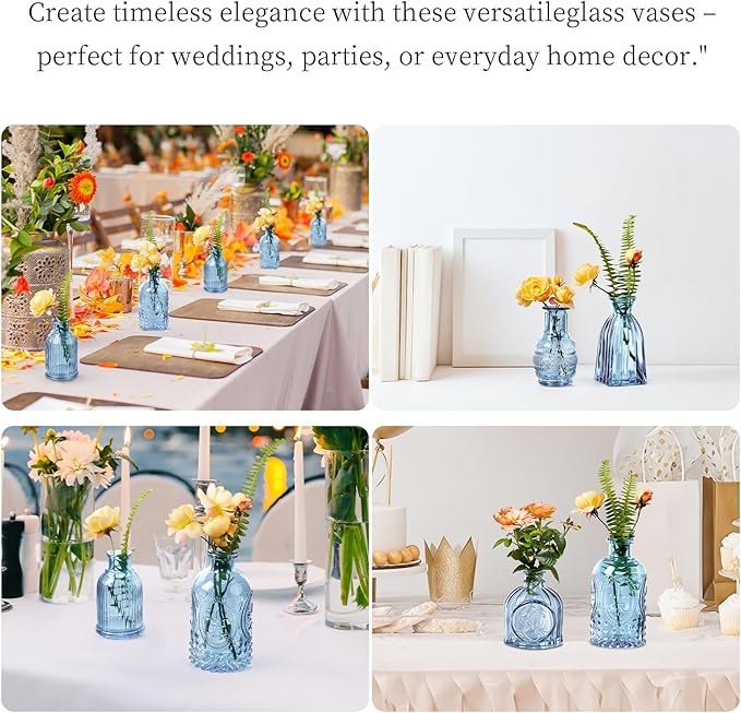 Glass Bud Vases Set of 64 - Blue Assorted Small Mini Glass Vases for Flowers, Crystal Vintage Vase Set, Bulk Centerpieces for Table Décor, Wedding, Home and Events (Blue, 64 Pcs)