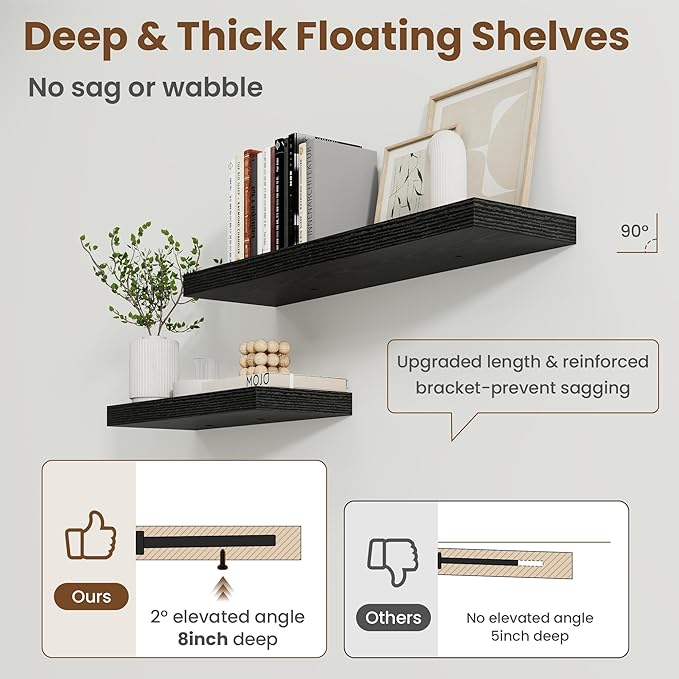 30 Inch Floating Shelves for Wall, 8 Inch Deep Floating Shelf for Storage & Display, Rustic Wall Mounted Shelf with Invisible Brackets for Living Room, Kitchen, Bathroom, Home Decor, Set of 2, Black