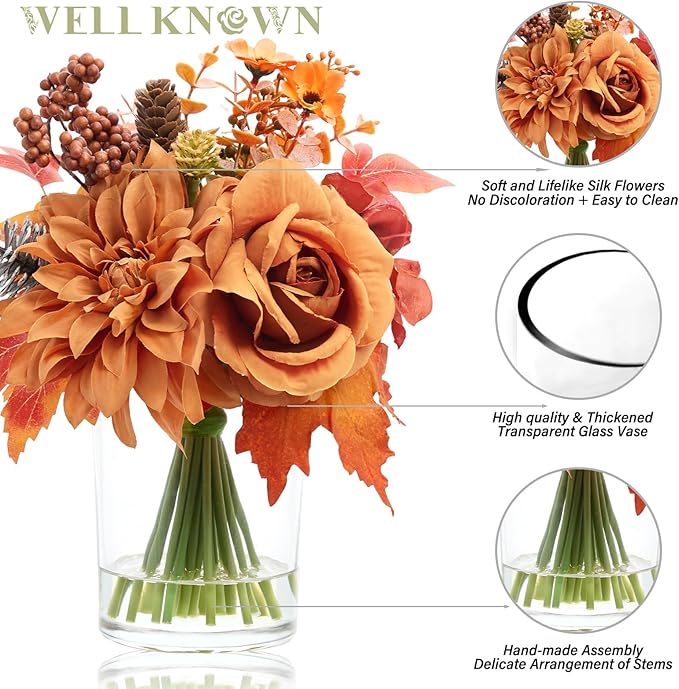 WELL KNOWN Artificial Flowers in Glass Vase, Burnt Orange Silk Rose Dahlia Flower Pine Berry Bouquet with Fake Water for Winter Home Dinning Coffee Table Wedding Chritmas Party Kitchen Decor & Gift