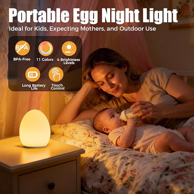 Baby Night Light, Silicone Egg Light for Kids, Portable Touch Night Lamp with 11 Colors Changing, Nursery Night Light for Breastfeeding, BPA Free, Eye Caring, Soft