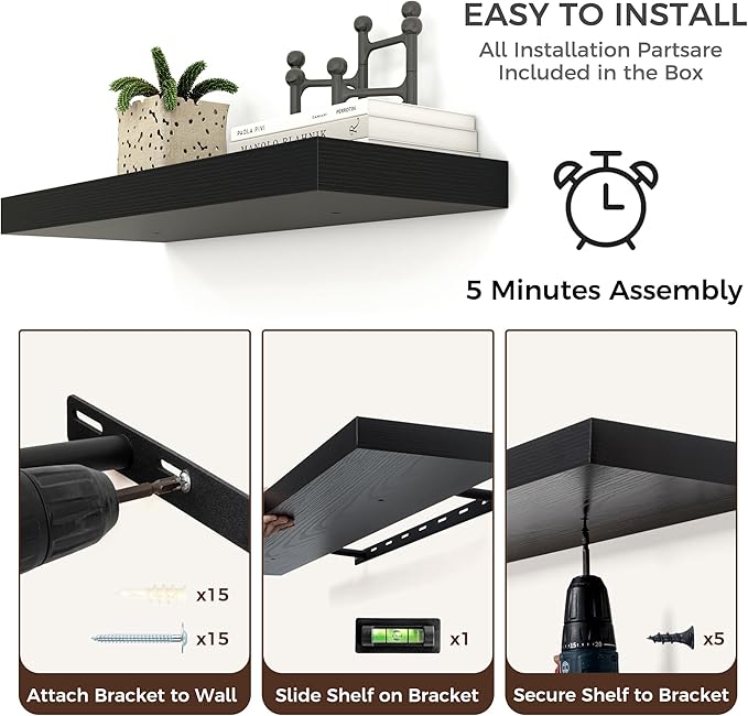 Floating Shelves for Wall, Engineered Wood Wall Shelves with Invisible Brackets for Living Room Bedroom Bathroom Office Kitchen Decor and Storage (Black, 24" W x 9" D x 1.5" H) Set of 2
