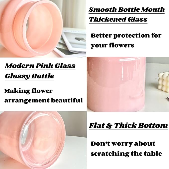 BLOFLO Pink Glass Vase, 9 Inch Large Glass Vase for Flowers, Modern Thick Glass Flower Vases for Centerpieces, Decorative Glass Cylinder Hydroponic Vase for Wedding, Home, Office (Pink, 9Inch)