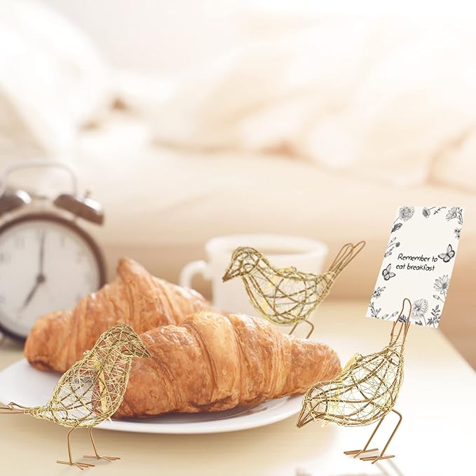 Artisan Bird Statues Trio - Christmas Ornament - Table Decor Handmade Gold-Wire Woven - Modern Farmhouse Shelf Decor with Hanging Chain, Multi-Pose Metal Bird Figurines for Home Office