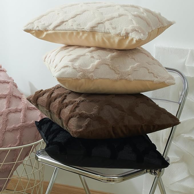 EMMTEEY Boho Pillow Cases 18x18 Inch Set of 2, Striped Embroidered Faux Fur Pillow Covers - Wrinkle Free & Decorative Accent Cushion for Sofa Couch Bed (Beige)