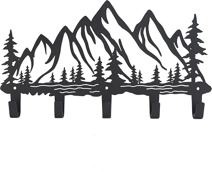 Metal Mountain Coat Hooks Wall Art Decor-Mountain Hangers and Key Holder-Clothes Hat Rack and Backpack Hanger Decor for Storage, Living Room, Hallway, Office (Black)