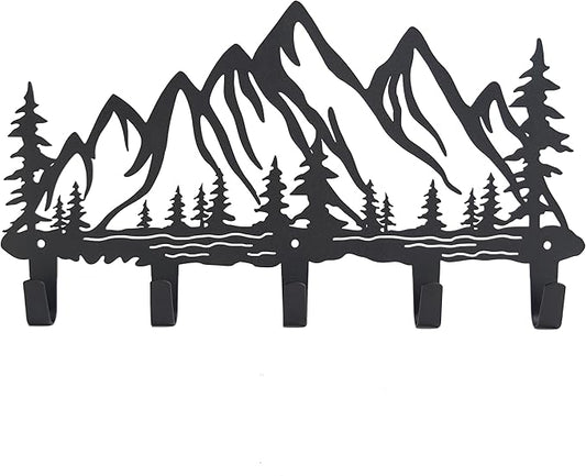Metal Mountain Coat Hooks Wall Art Decor-Mountain Hangers and Key Holder-Clothes Hat Rack and Backpack Hanger Decor for Storage, Living Room, Hallway, Office (Black)