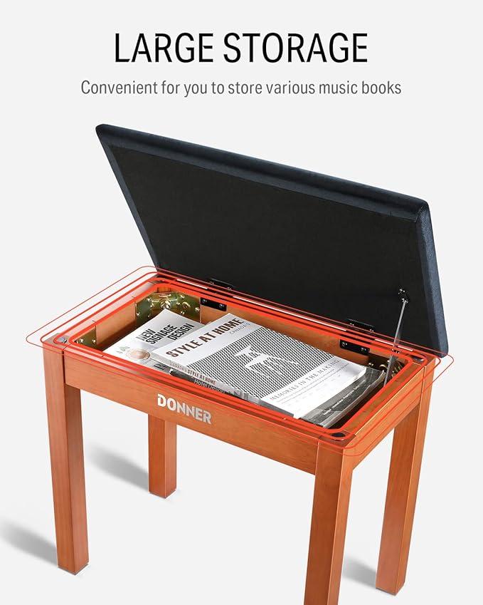 Donner Piano Bench with Storage, Solid Wood Keyboard Bench Piano Bookcase Stool Chair Seat with High-Density Suede Cushion, Wood Finish Color