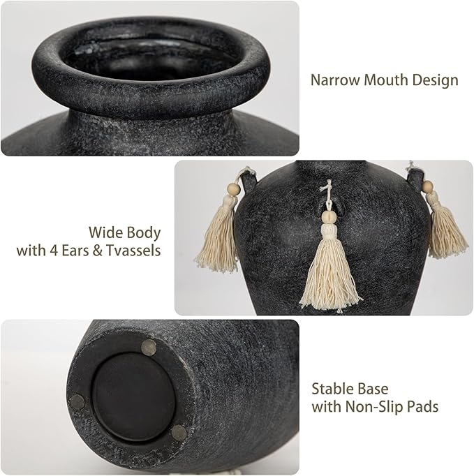 Large Decorative Ceramic Vase with Tassels, 9.4" Black Vintage Flower Vase with Handles, Textured Rustic Farmhouse Vases for Home Decor, Table Centerpiece, Living Room, Entryway, Wedding, Party Decor