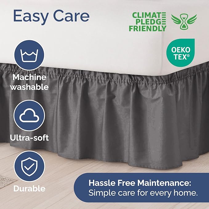 Wrap Around Dust Ruffle Bed Skirt - Dark Grey - for Queen Size Beds with 12 Inch Drop - Elastic Strap - Adjustable Pleated Bedskirt with Brushed Fabric and Wrinkle Free - for Women, Men, Kids & Teens