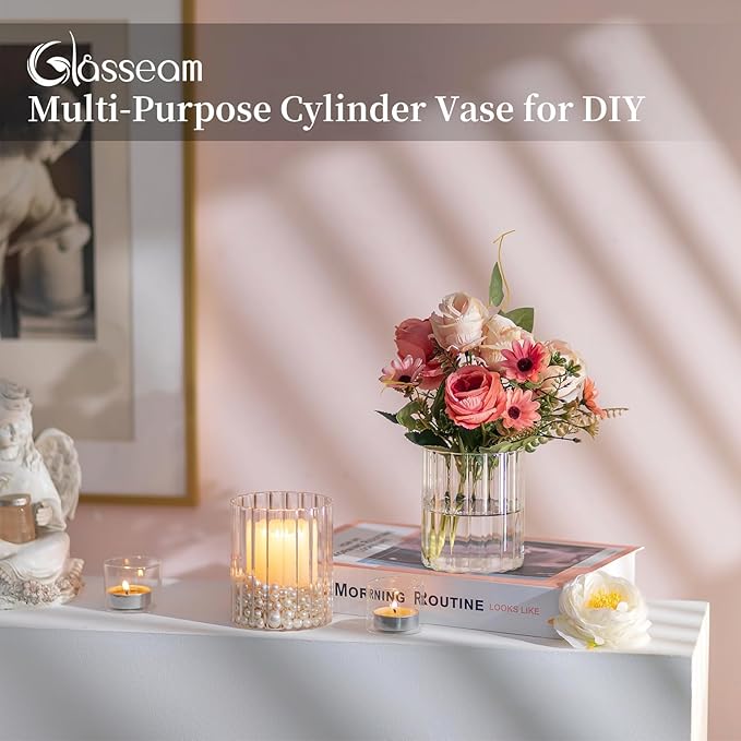 Glasseam Glass Cylinder Vases for Centerpieces: 12pcs Clear Ribbed Flower Vases for Pillar Candle - 4 Inch Modern Hurricane Floating Candle Holder for Wedding Table Centerpieces Living Room Home Decor