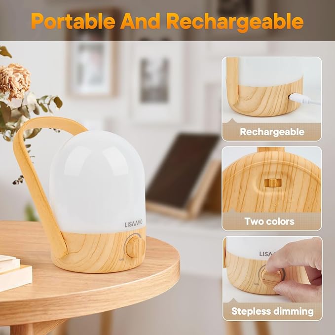 Night Light, Small Bedside Lamp, Portable Cordless Lamps, Rechargeable with Battery, for Bedroom Nightstand Night Table(Wood)