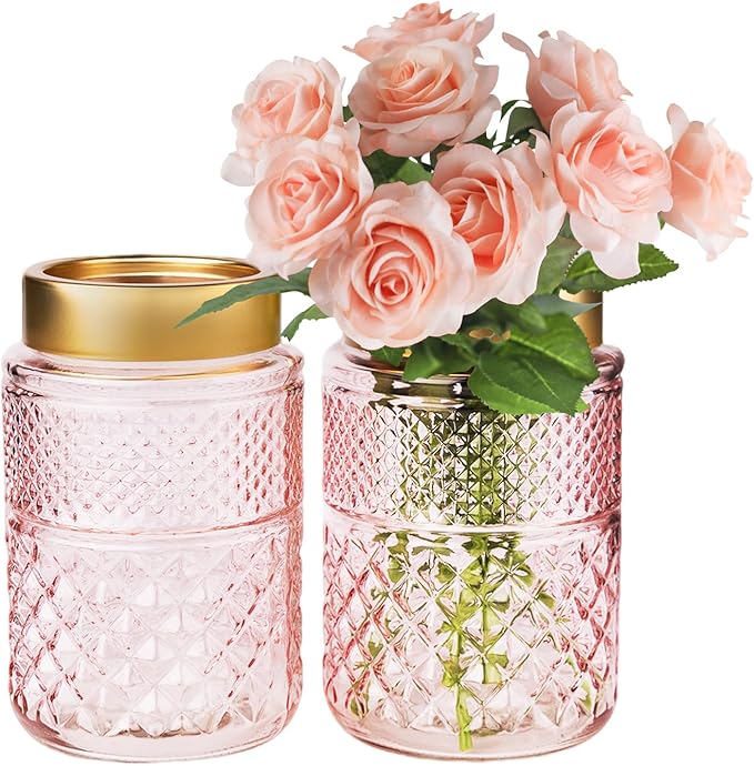 2-Pack Flower Vase Glass, 7.6 inch Pink Fluted Vase with Golden Metal Top, Stylish Decorative for Tabletop Centerpiece, Kitchen, Living Room, Bedroom, Bathroom, Office