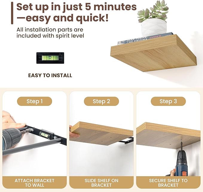 Fun Memories Floating Shelves for Wall - 7.5 Inch Square Shelves with Invisible Brackets, Oak Small Wall Shelf for Living Room, Bathroom, Bedroom, and Kitchen Decor，Set of 4
