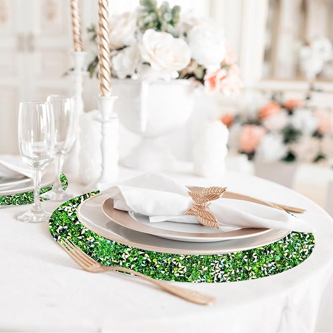Round Placemats Set of 8 in Green Heat Resistant Circle Bling Washable Table Mats for Dinner, Kitchen, Wedding, Decorative