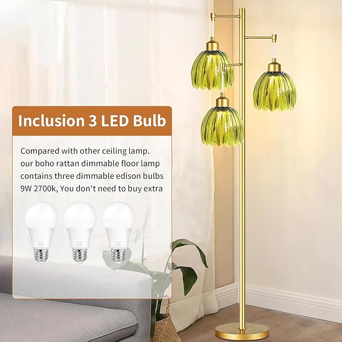 WLQCWL Vintage Floor Lamps for Living Room-3 Light Gold Floor Lamp with Three Bulbs & Glass Lampshape,Glass Mid Century Modern Standing Lamp Tree Tall Flower Floor Lamp for Bedroom Living Room,Corner