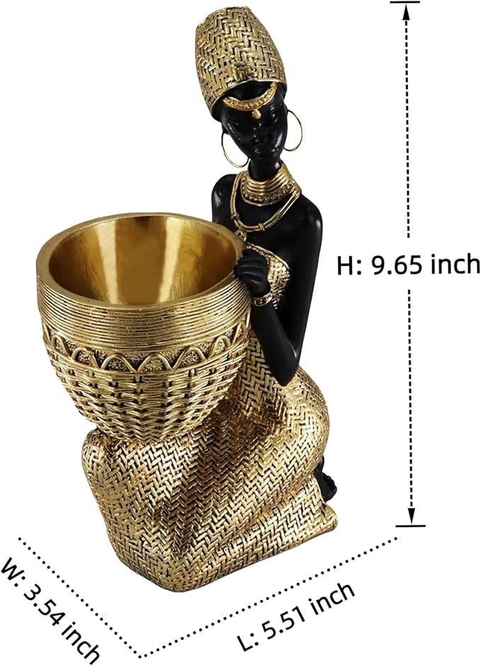 African Resin Woman Statue with Bowl – Golden Kneeling Tribal Figurine for Home Decor, Candy Dish, Jewelry Holder, Boho Shelf Accent