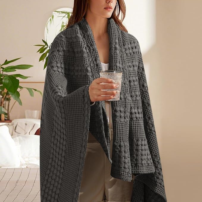 PHF 100% Cotton Waffle Weave Throw Blanket, Soft Lightweight Breathable Cozy Throws for Couch Bed Sofa, 300 GSM Luxury Aesthetic Blanket Gift for Home Decor & Office, 50"x60", Charcoal Grey