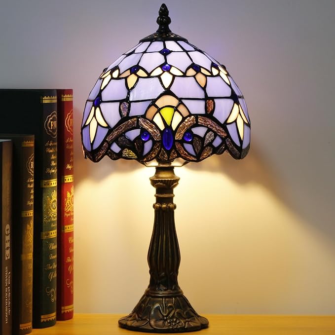 Small Tiffany Lamp Stained Glass Desk Lamp Vintage Tiffany Bedside Table Lamp for Home Living Room Bedroom Nightstand 8X15 Inch (Blue Baroque Style)