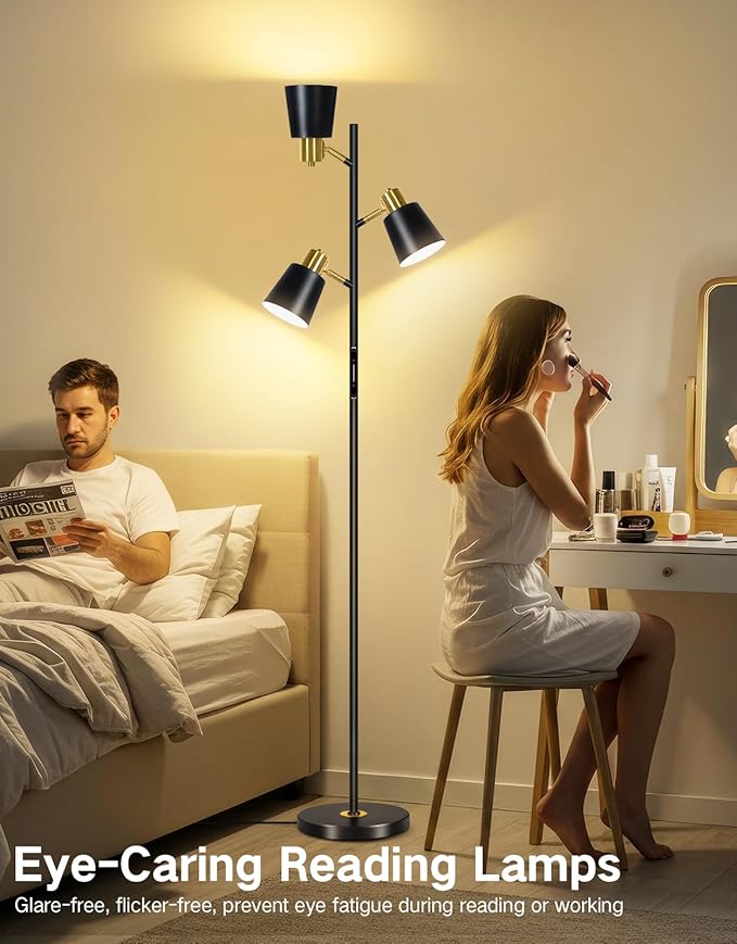 OUTON LED Tree Floor Lamp, Modern Dimmable Standing Lamp with Remote & Touch Control, 4 Color Temperatures, 3 Rotatable Lights Floor Lamps for Living Room, Bedroom, Office, Black & Gold