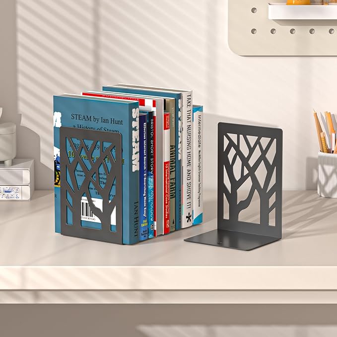 VFINE 8-Piece Metal Bookends for Shelves, Black Tree Book Ends for Books, Decorative Desk Book Organizer, Non-Skid Shelve Bookends for Home Office Shcool Supplies