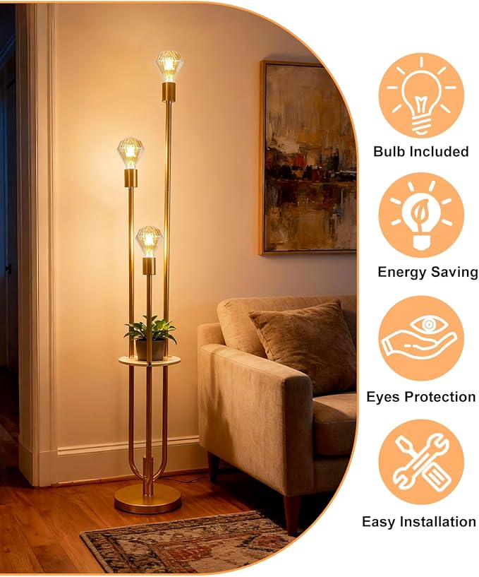 Lightdot Gold Floor Lamp for Living Room, Dimmable Vintage Floor Lamp with Shelf & E26 Base Bulbs, 3 Light 3000K Warmwhite Mid Century Standing Lamp for Reading, Tall Lamp for Bedroom Office