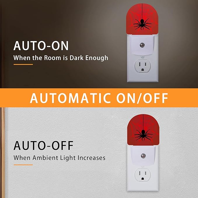 Red Spider Night Light,Spider Web Night Lights Plug into Wall with Dusk to Dawn Sensor,Lamp for Bedroom Bathroom Hallway Nightlight for Women Girls