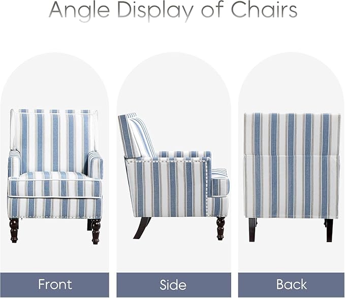 Yogald Vintage Striped Accent Armchair, Mid Century Corner Chair with Nail-Head Trim, Comfy Upholstered Reading Chair, Mediterranean Chair for Living Room Bedroom Guest Room (Blue and White Linen)