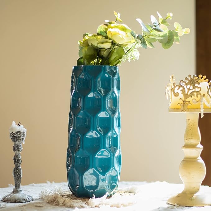Bdor Ceramic Vase, 11in Flower Vase, Blue Honeycomb Vase for Room Decor, Modern Farmhouse Home DéCor Accents, Living Room Decor, Book Shelf, Mantel and Minimalism Dining Coffee Table Decor.
