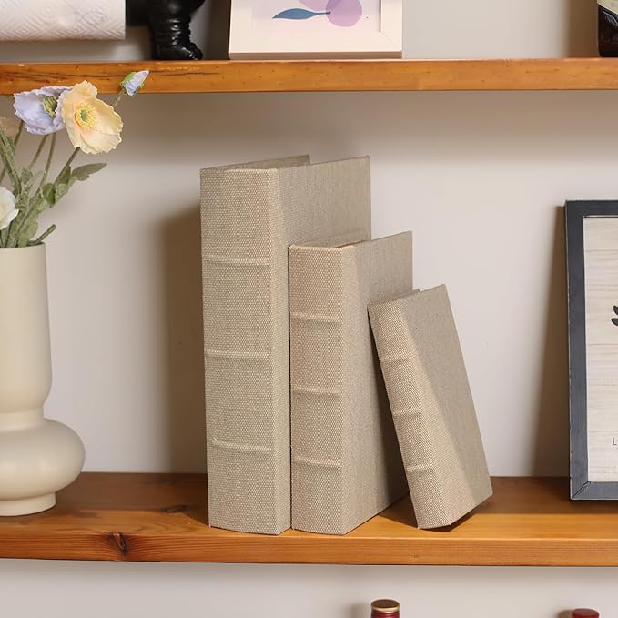 Decorative Book Boxes Set of 3 – Modern Faux Linen & Wood Hidden Storage for Coffee Table – Stackable Fake Books for Shelf Decor, Remote Control & Jewelry Organizer (Linen)