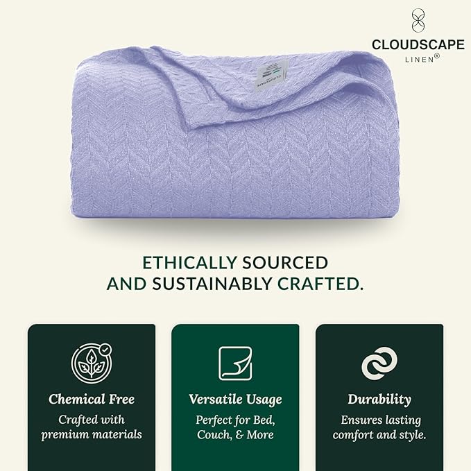 Cloud Scape Linen 100% Cotton Blanket Twin 68x92 Lavender Blue - Cozy Herringbone Weave, Fits Up to Twin XL Size Beds, Breathable Softness, All-Season Warmth, Winter Blanket, Bedding Gift Choice