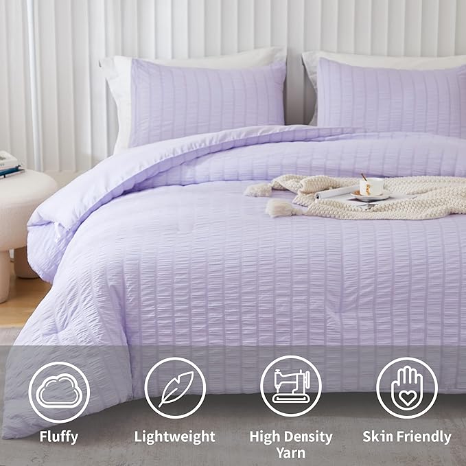 AveLom Lavender Purple Seersucker King Comforter Set(104x90 inches),3 Pieces-100% Soft Washed Microfiber Lightweight Comforter with 2 Pillowcases, All Season Down Alternative Comforter Set for Bedding