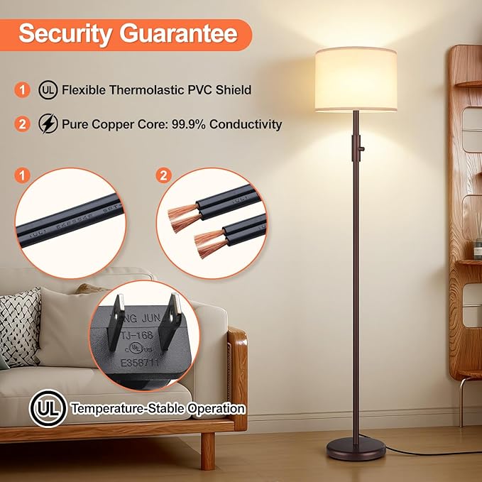 Yemela 【Upgraded】 Dimmable Floor Lamp, 1000 Lumens LED Bulb Included, Modern Floor Lamps for Living Room, Standing Lamp with Linen Shade, Tall Lamp for Bedroom Office Dining Room- Brown