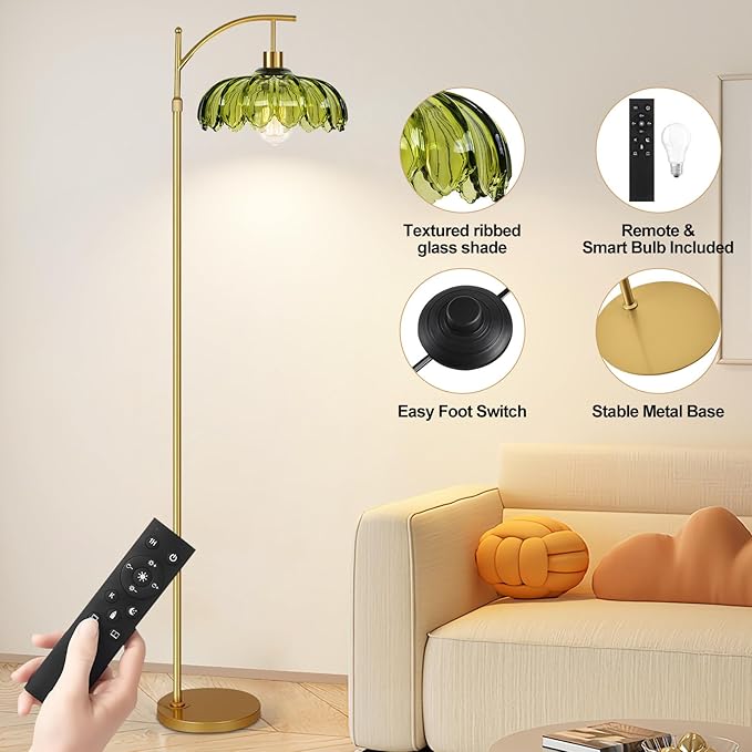 ZECOXOL Gold Floor Lamps for Living Room Vintage Green Floor Lamp with Remote Control & Glass Lampshape,Dimmable Mid Century Modern Standing Lamp Tall Flower Lamp Brass Floor lamp for Bedroom Corner
